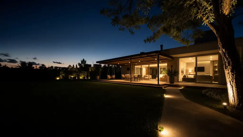 Casa al atardecer con la iluminación de jardín y del interior encendiéndose.