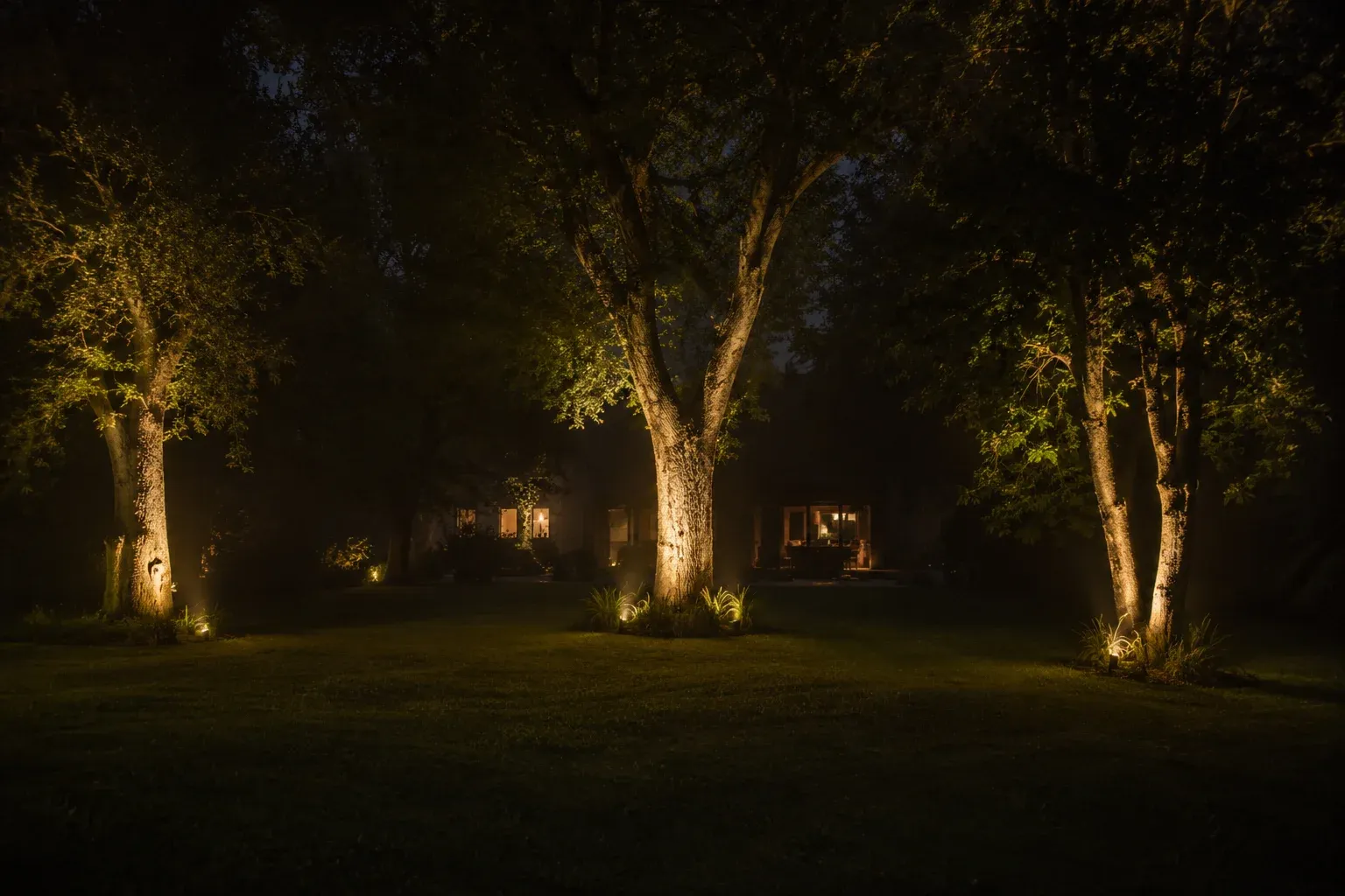 Jardín iluminado de noche con luz cálida sobre los árboles.