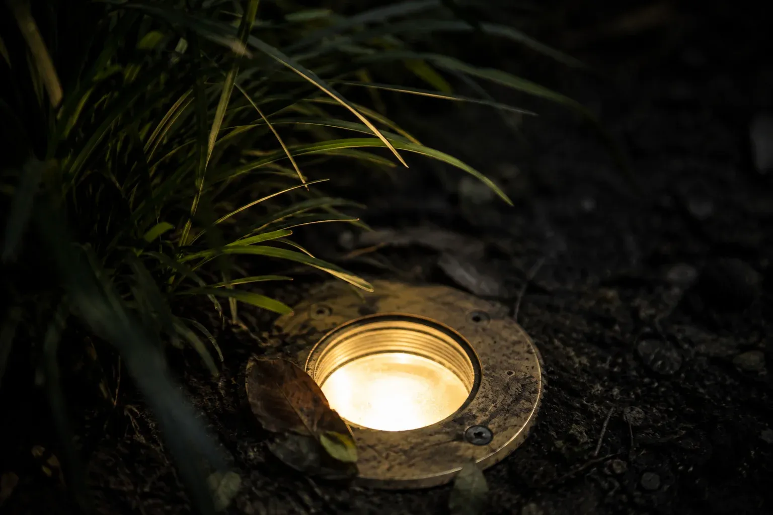 Artefacto de iluminación embutido en el piso de un jardín.