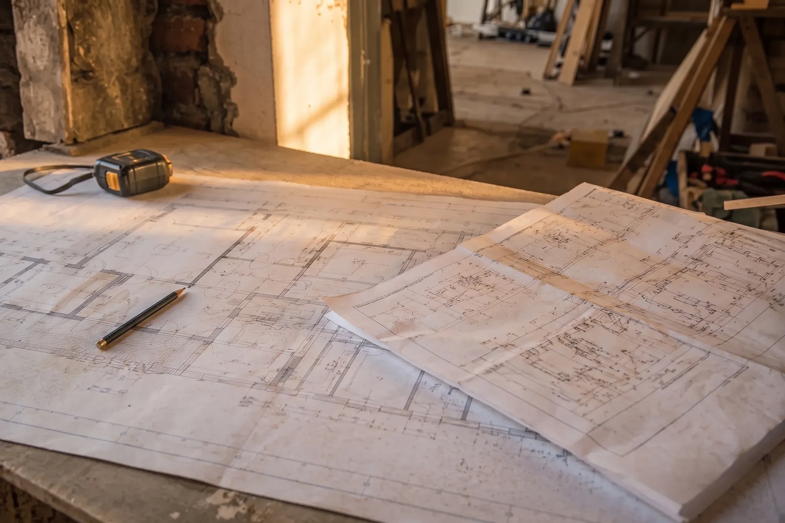 Planos desplegados sobre un tablón en obra, con una cinta métrica y un lápiz encima.