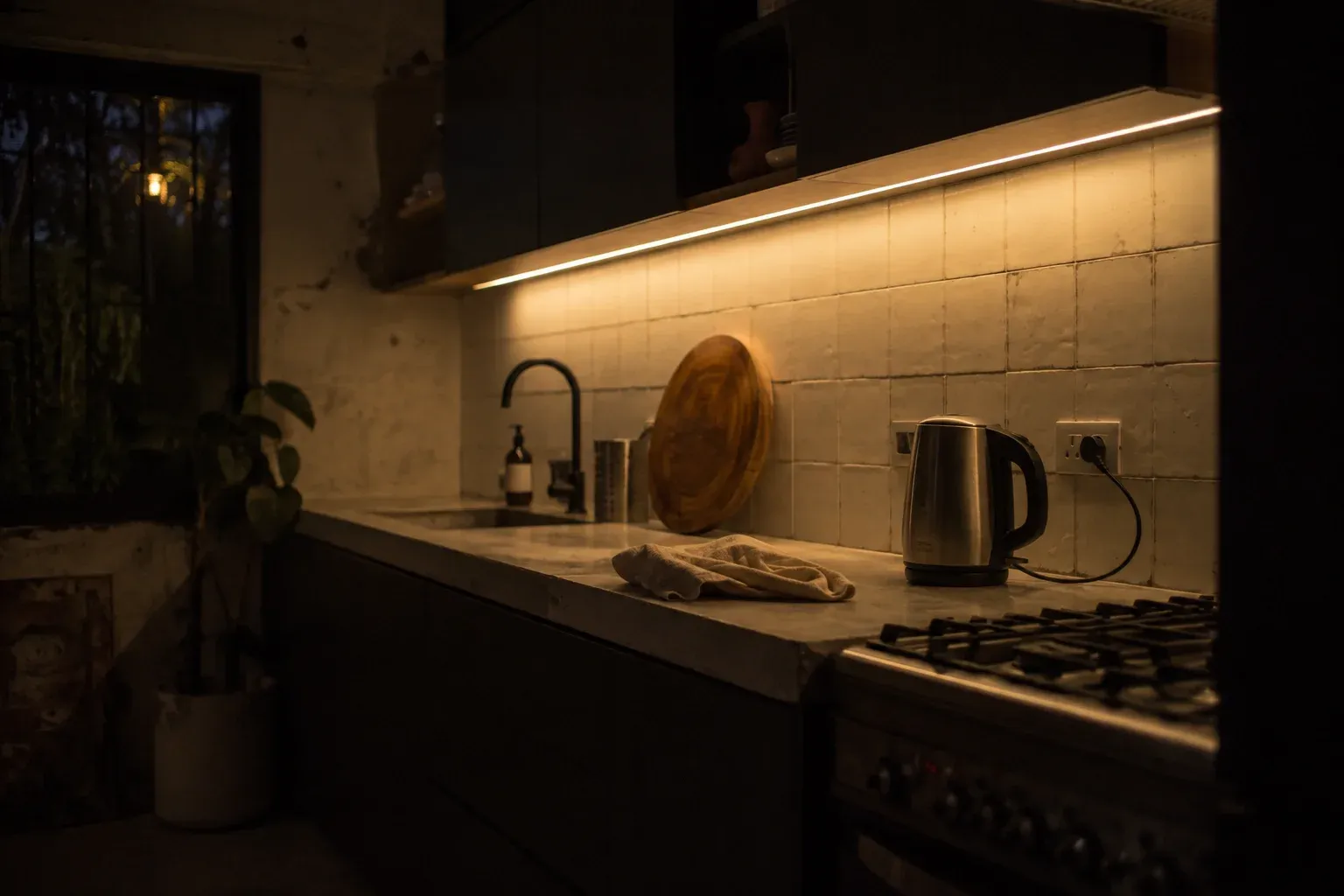 Cocina en uso con una tira de luz encendida bajo los muebles altos.