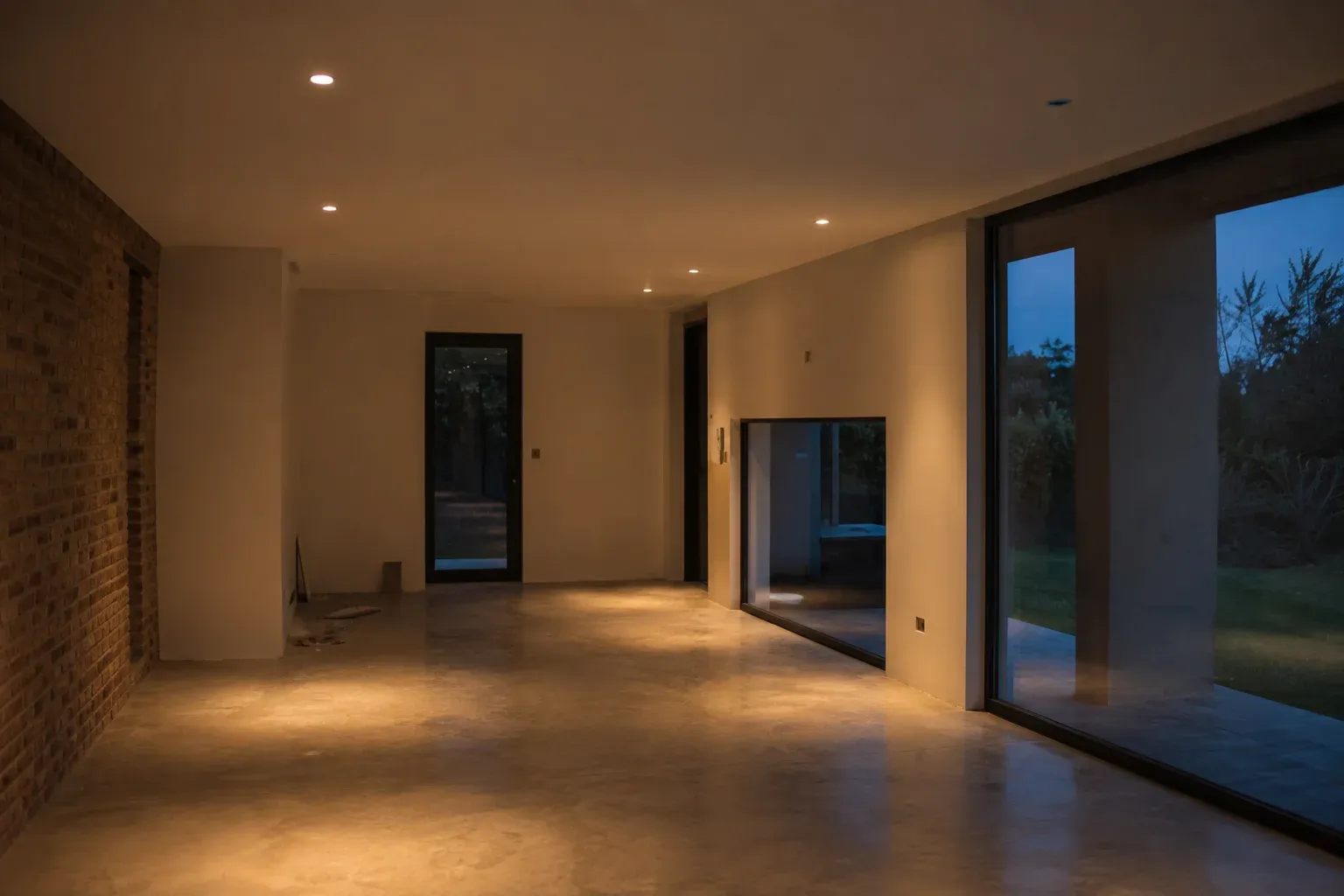 Interior de una casa nueva sin amueblar, con la iluminación embutida del cielorraso encendida.